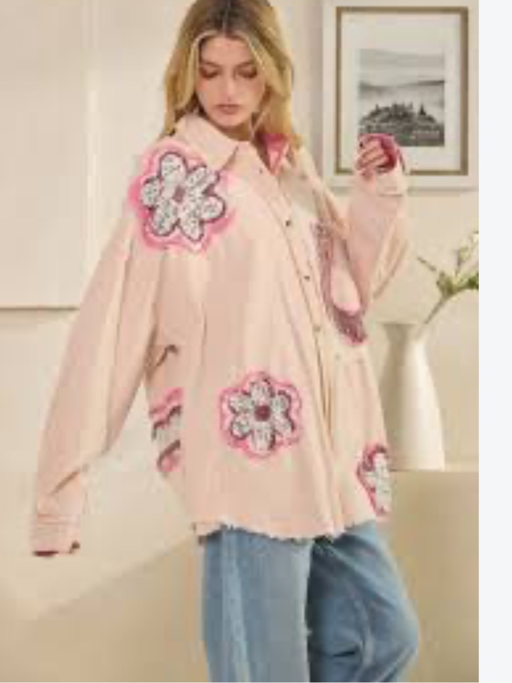 Oli & Hali Patchwork Pink Jean Jacket Oversized Hippie Boho M/L